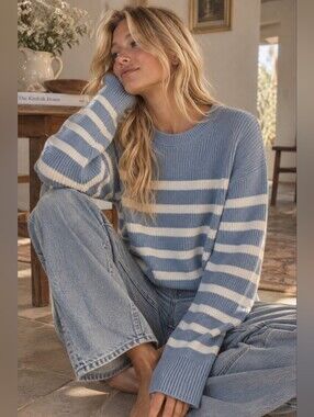 GAP Coastal Light Blue and White Striped Crewneck Sweater 100% Cotton
